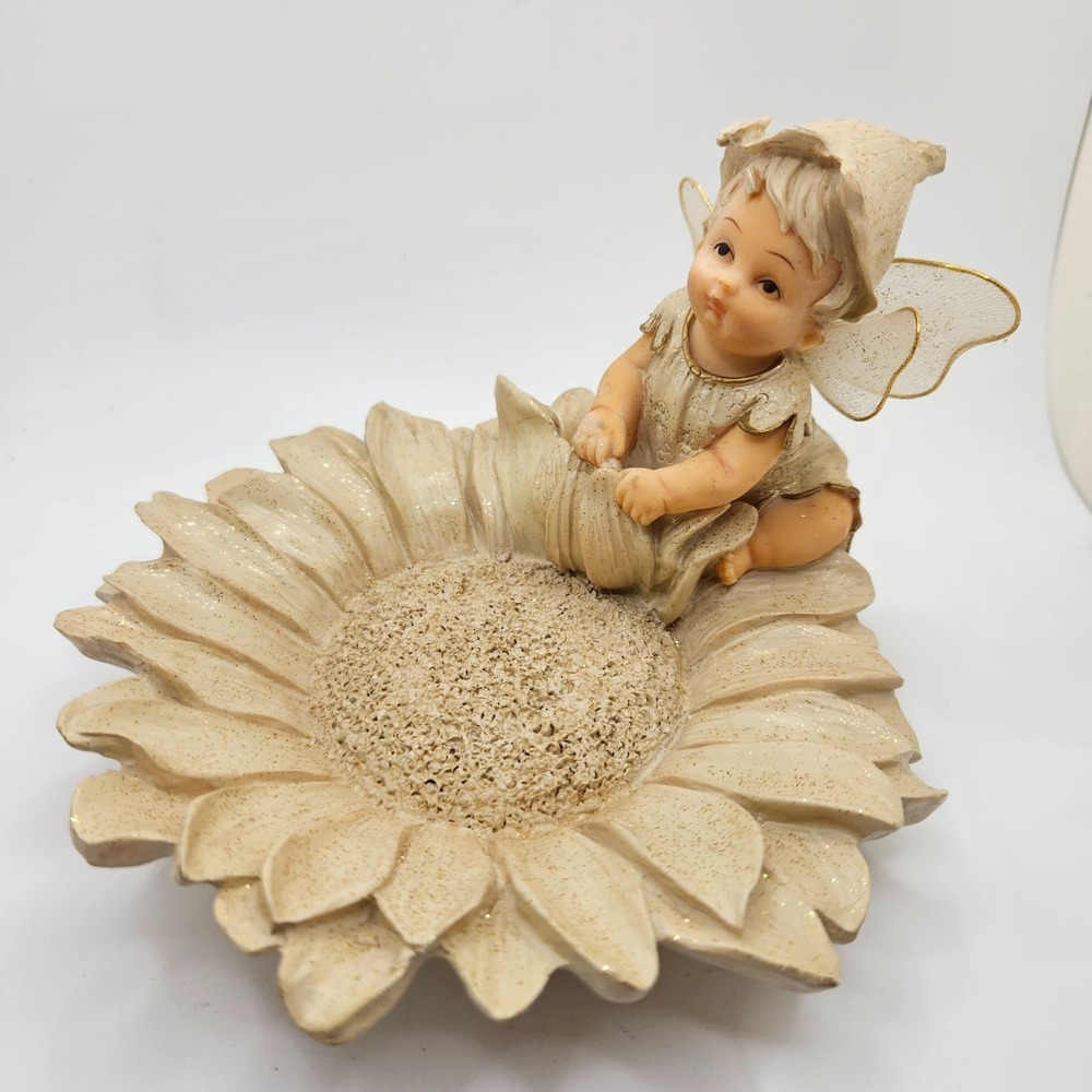 Vintage Fairy Sunflower Trinket Dish Figurine Resin‎ Pixie Flower Catchall Decor
